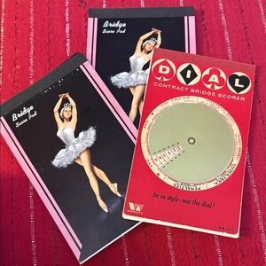 Vintage Mid-Century Bridge Set: 2 unused ballet score pads & Warwick Dial Scorer